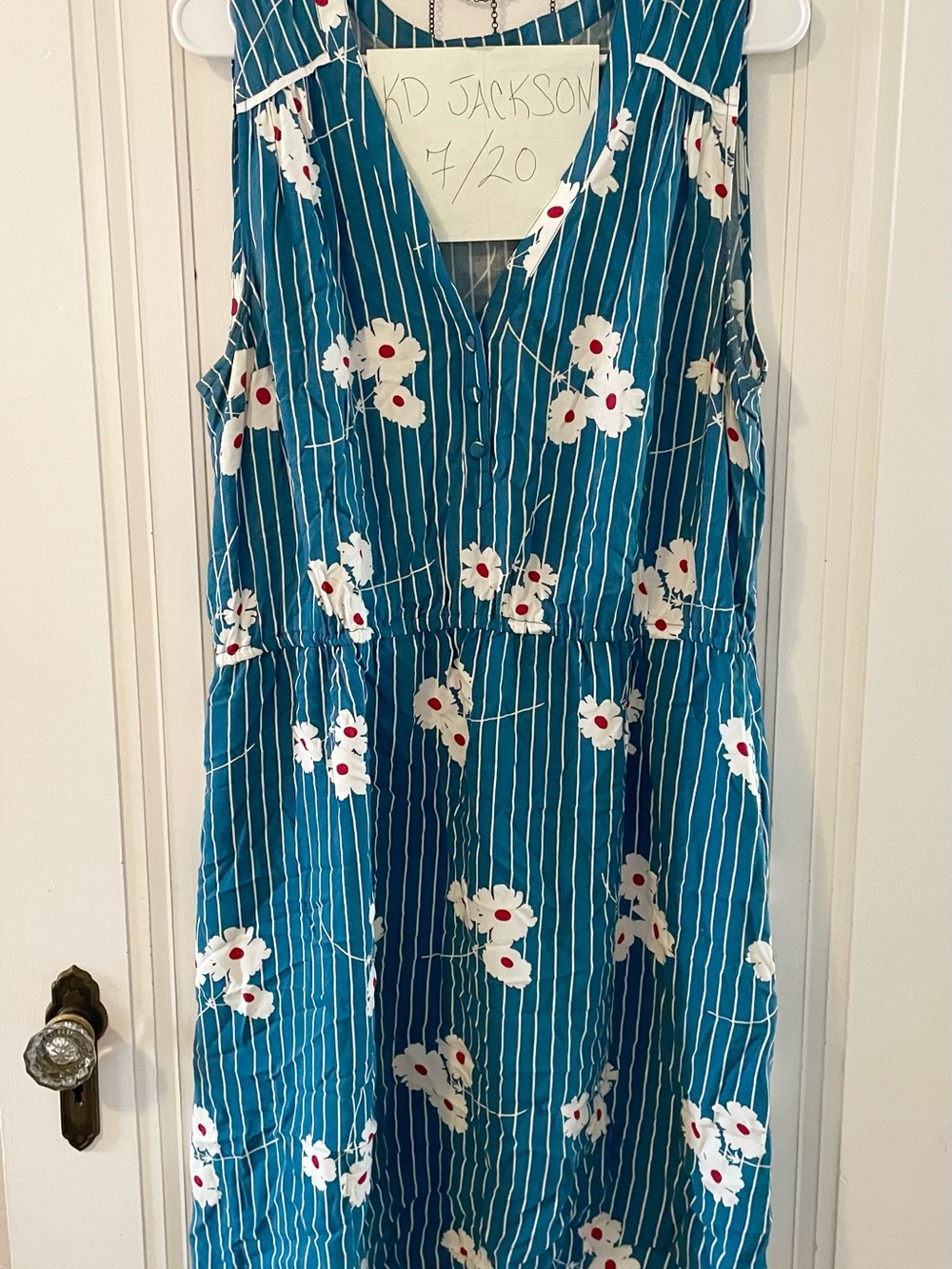 Blue Floral Stripe Sleeveless Dress - White & Red Accents